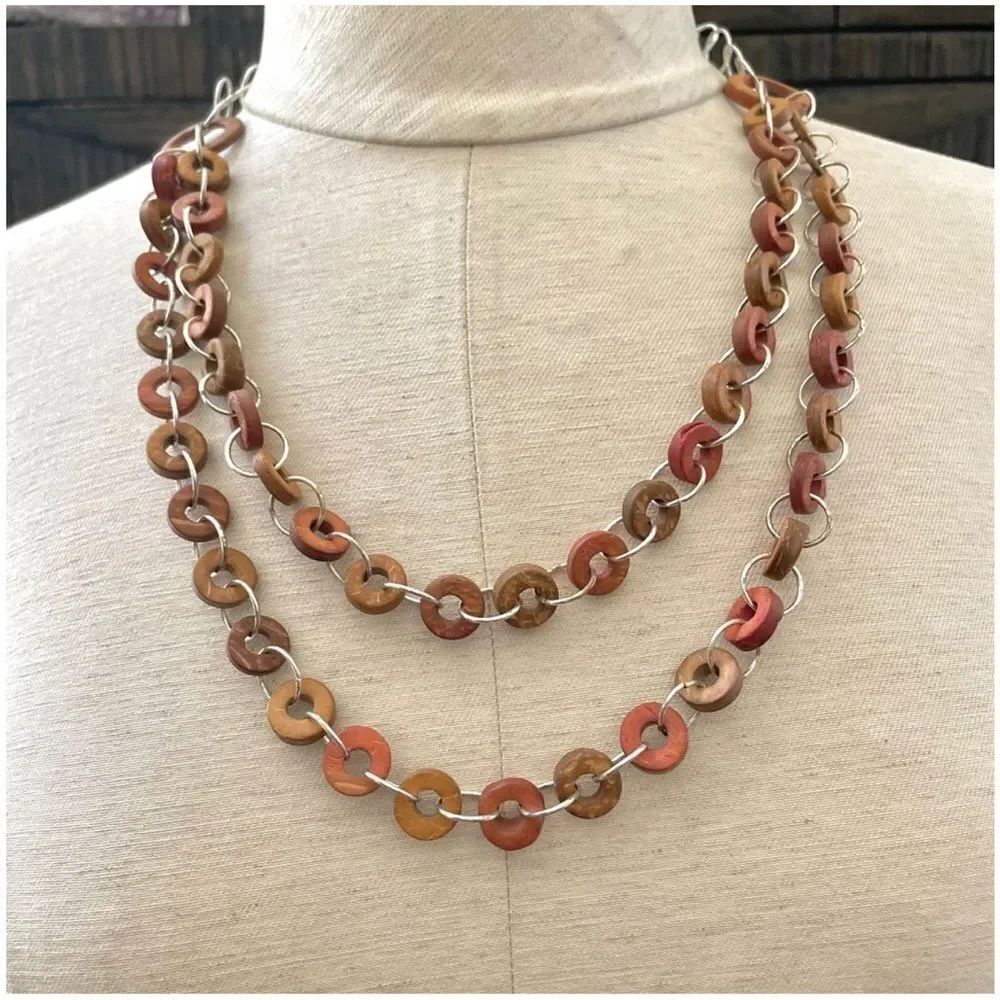 Wood beaded double stranded statement necklace